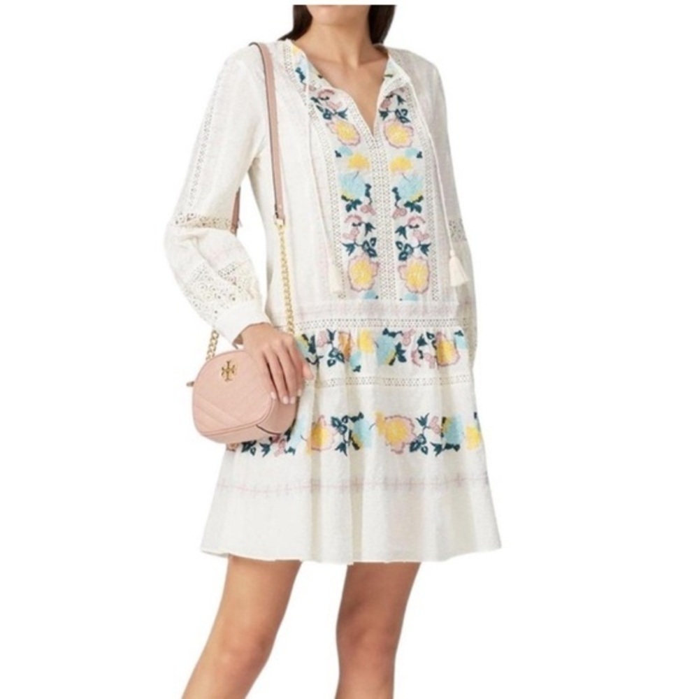 Tory Burch embroideries boho crochet trimmed Swiss dot dress